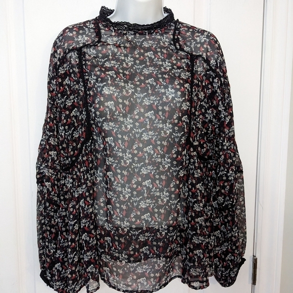 Zara Floral Print Peasant Blouse Balloon Sleeves black Large @A7 - Picture 9 of 9